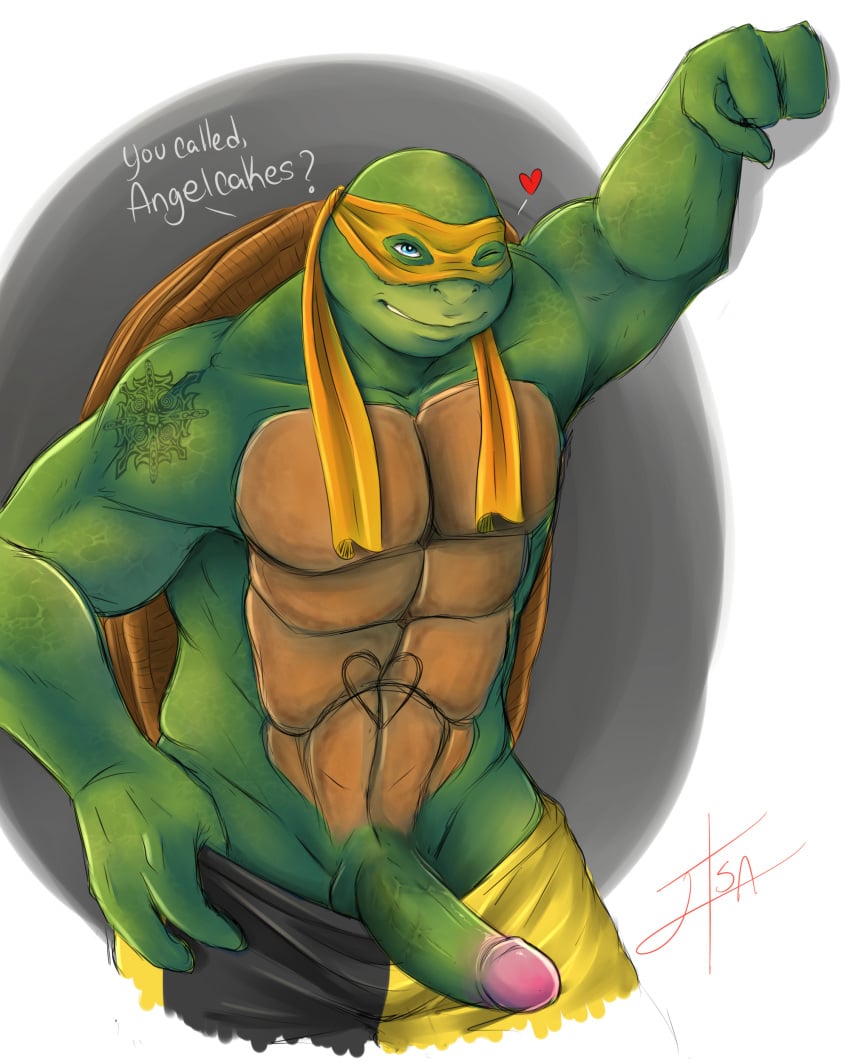 4:5 abs absurd_res anthro anthro_only bakameganekko biceps genitals green_body green_skin hi_res male mask michelangelo_(tmnt) muscular muscular_anthro muscular_male pecs penis reptile scalie solo teenage_mutant_ninja_turtles teenage_mutant_ninja_turtles_(2014) turtle