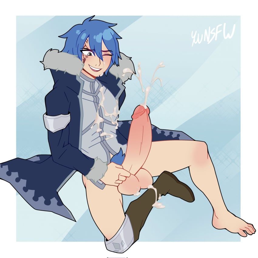 big_balls big_penis blue_hair bottomless commission cum cum_on_boots cum_on_face cumming definetelyyuu facial_markings fairy_tail iamyuu jacket jellal_fernandes male male_only no_underwear pubic_hair tagme_(artist) tattoo yuunsfw