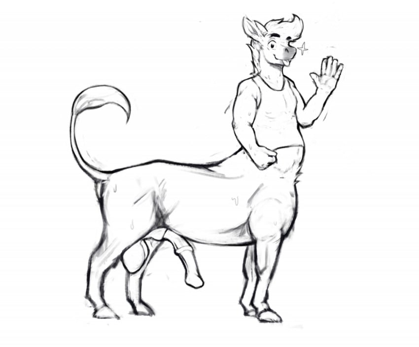 2022 5_fingers animal_genitalia balls bottomless bottomless_male bottomless_taur bovid bovid_taur bovine bovine_taur casual_erection casual_exposure cattle cattle_taur clothed clothing erection eyebrows fingers furry genitals half-erect hooves horn line_art looking_at_viewer male male_only mammal mammal_taur medial_ring monochrome penis quadruped raised_tail shmallow simple_background solo standing tail tail_tuft taur tongue tongue_out topwear topwear_only tuft unguligrade white_background