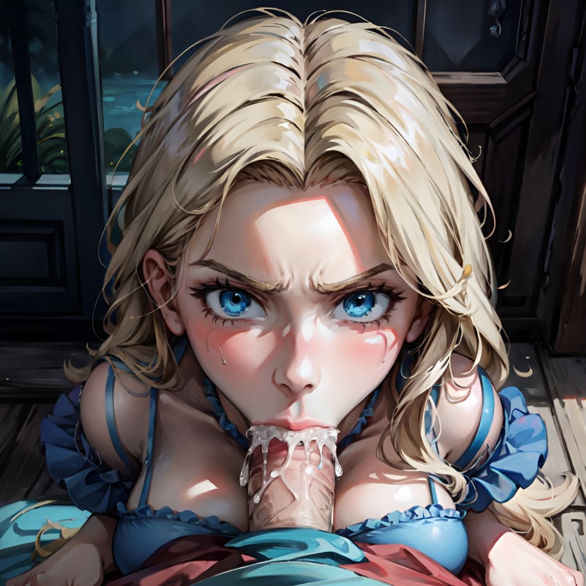 1girls ai_generated angry angry_face arbitrary blonde_hair blowjob blue_eyes cum cum_in_mouth deepthroat fellatio female_focus forced_oral haley_(stardew_valley) hi_res large_breasts looking_at_viewer oral oral_creampie penis_in_mouth pov pov_eye_contact stable_diffusion stardew_valley throat_fuck