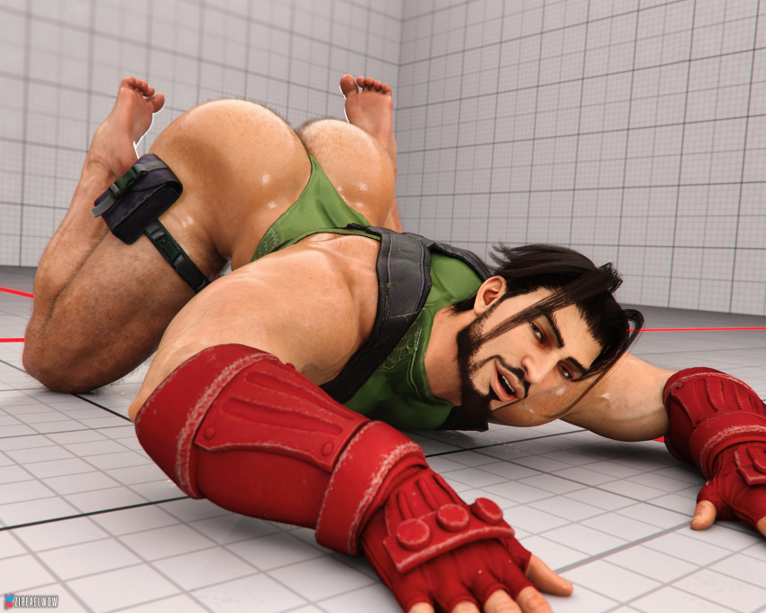 1boy 3d 3d_(artwork) ass ass_up bara barefoot big_butt cammy_white_(cosplay) capcom cosplay human male male_only muscular muscular_male playful_smile rashid simple_background solo street_fighter street_fighter_6 tagme thong video_games yaoi zireael