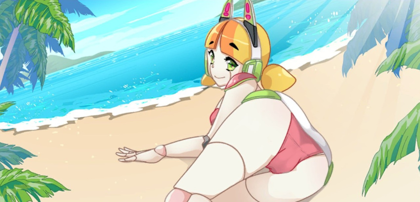 beach blonde_hair cameltoe crush_crush green_eyes happy laying_down looking_at_viewer ocean odango_(crush_crush) official_art palm_tree pink_panties robot_girl romantic sad_panda_studios smile smiling_at_viewer sunlight upskirt