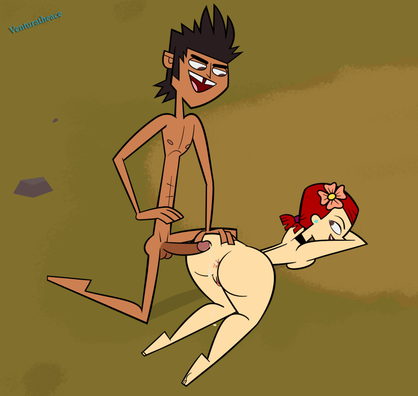 1boy 1girls abs accurate_art_style ass_focus ass_grab big_ass big_butt big_penis canon_couple cum cum_in_ass dark-skinned_male face_down_ass_up feet female flower_in_hair half-closed_eyes looking_back mike_(tdi) naked outdoors outside pig_tail red_hair redhead smile spiky_hair straight total_drama_island venturatheace zoey_(tdi)