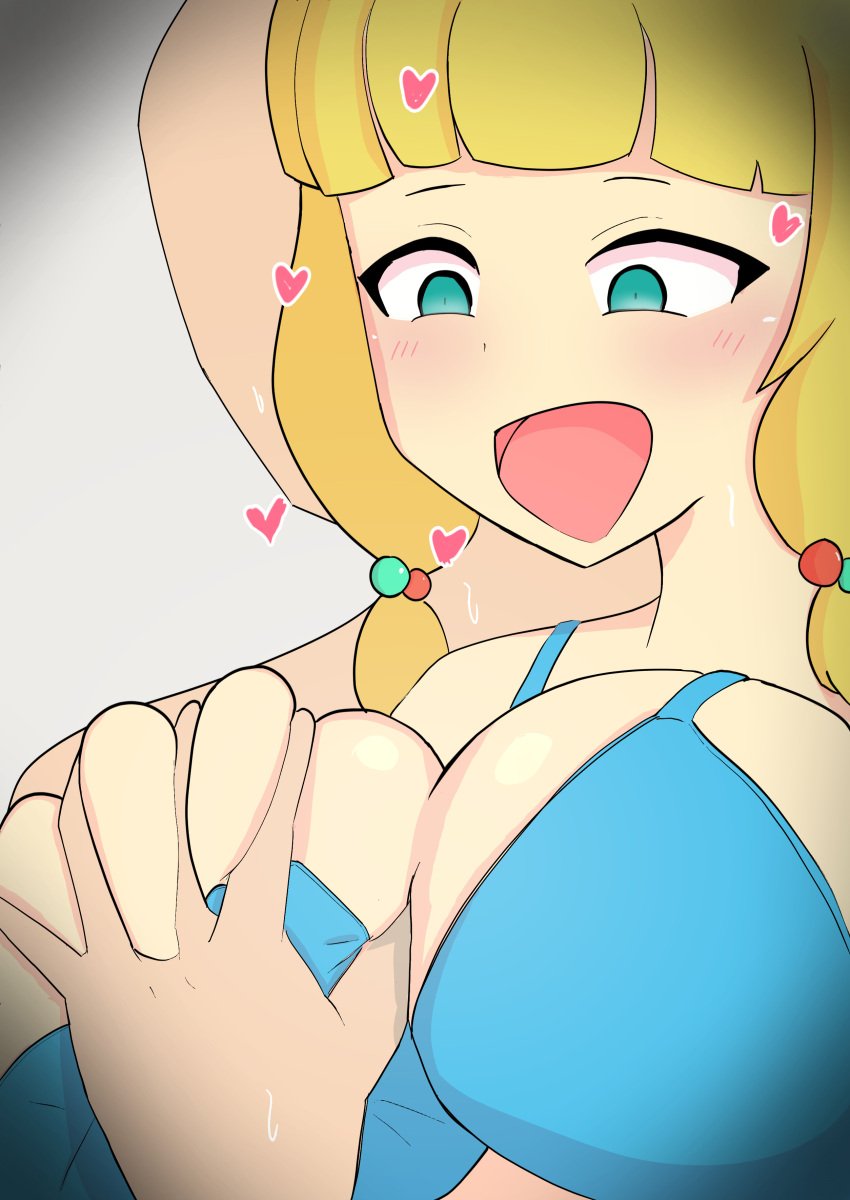 1girls bikini blonde_hair blue_bikini blue_eyes blush breast_grab breasts grabbing_breast hair_bobbles hand hand_on_breast heart huge_breasts large_breasts new_game! off_screen_character open_mouth open_mouth sakura_nene smile smiling twintails zqu99vek4as2xwa