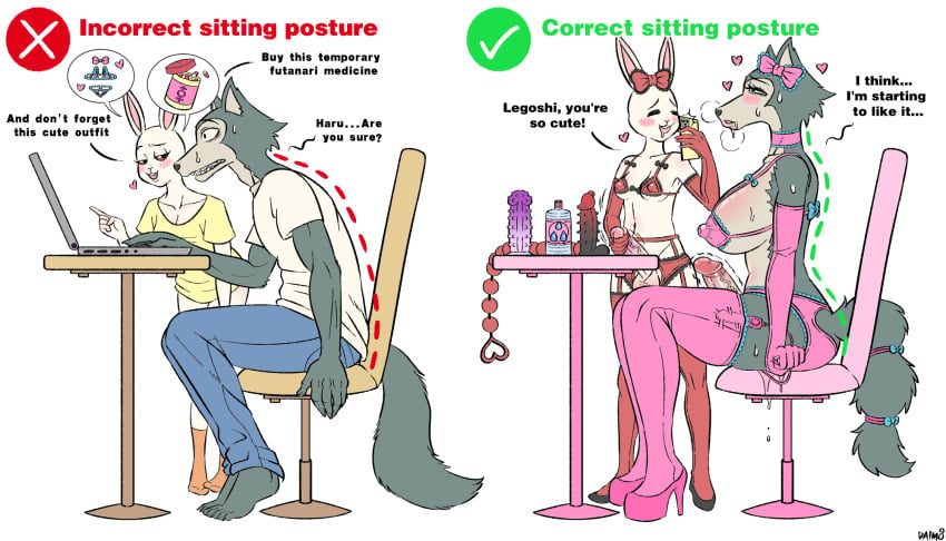 2023 anal_beads anthro beastars big_breasts breasts canid canine canis clothed clothing correct_gaming_posture_(meme) daimo dildo duo english_text erection female feminization fti_transformation futanari gender_transformation genitals gynomorph haru_(beastars) hi_res intersex lagomorph legoshi_(beastars) leporid male mammal meme mti_transformation penis rabbit sex_toy simple_background skimpy text transformation white_background wolf