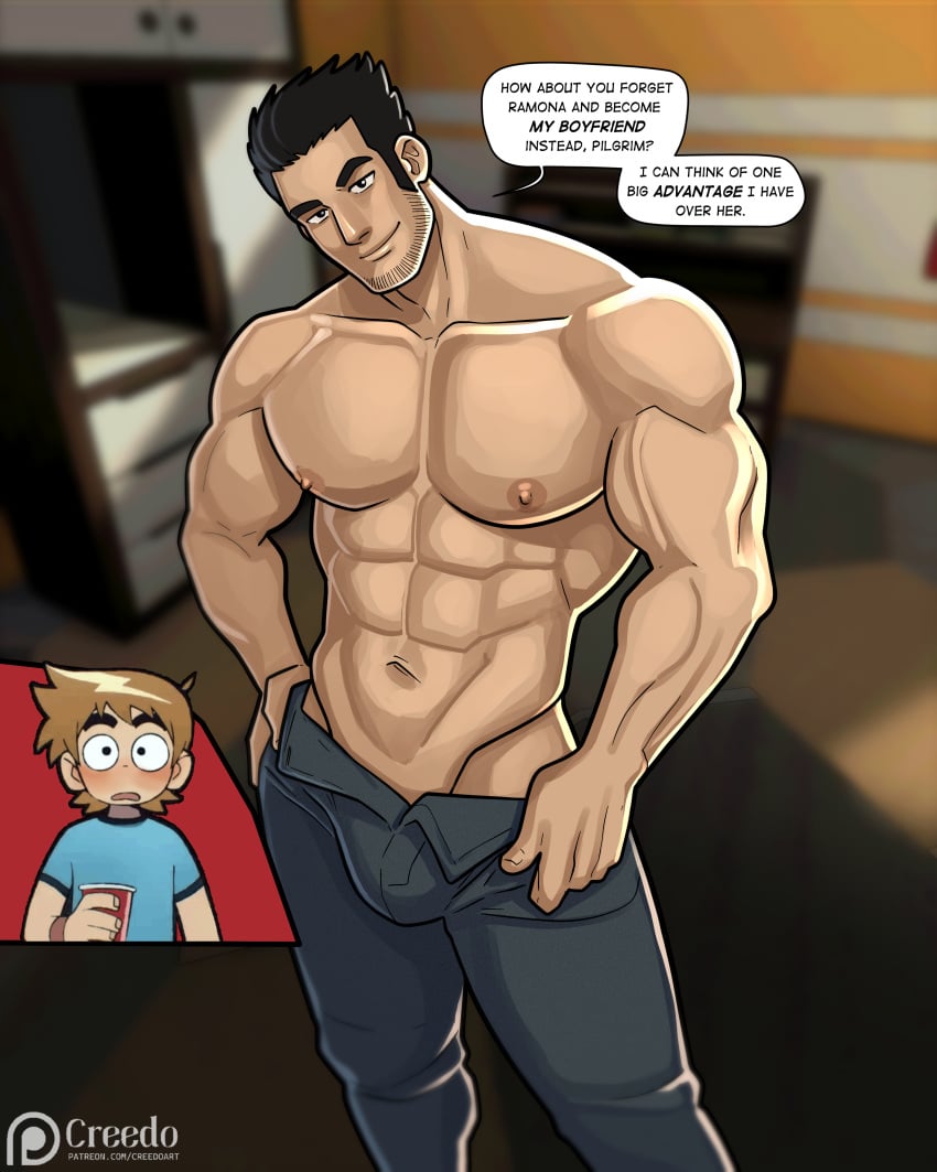 1boy 2023 2boys bara bara_tits barazoku beard_stubble black_hair bulge clothing creedo dialogue english_text gay hairy_male looking_at_viewer lucas_lee male male_focus male_nipples male_only manly muscular_male nipples scott_pilgrim scott_w_pilgrim text yaoi