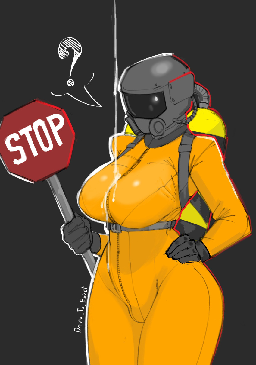 ass big_ass big_breasts big_thighs breasts cum cum_on_body cum_on_breasts dare_to_exist employee_(lethal_company) female female_only huge_ass huge_breasts huge_thighs lethal_company mask masked masked_female orange_clothing solo stop_sign tagme thick_hips thick_thighs thighs