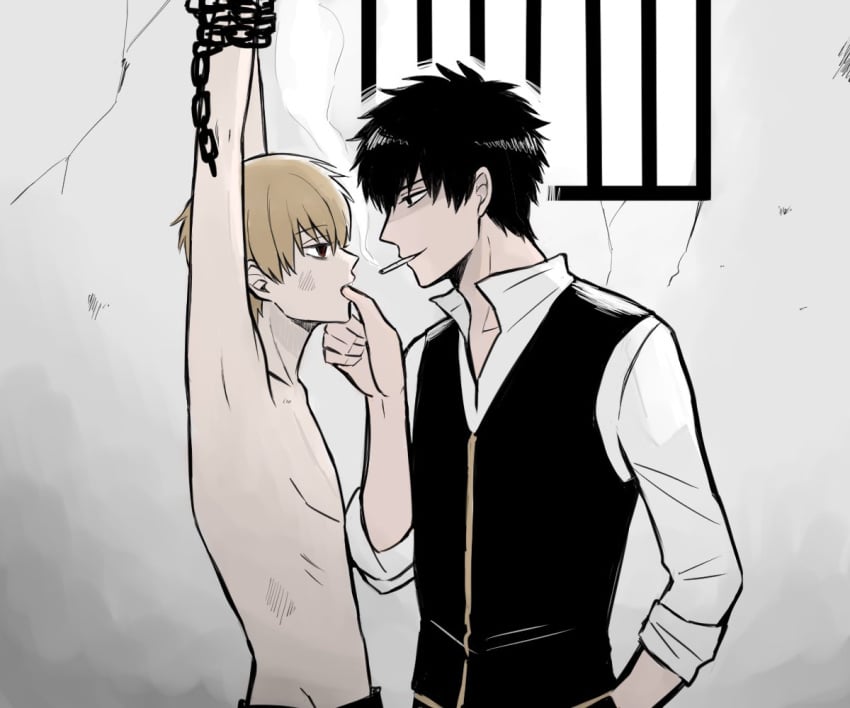 2boys arms_up bishonen black_hair broken_rape_victim brown_hair chained chains cigarette crea0708 empty_eyes gay gintama hijikata_toshiro light_brown_hair male male_only okita_sougo police_uniform prisoner profile restrained shinsengumi_(gintama) sleeves_rolled_up smoking topless twink yaoi