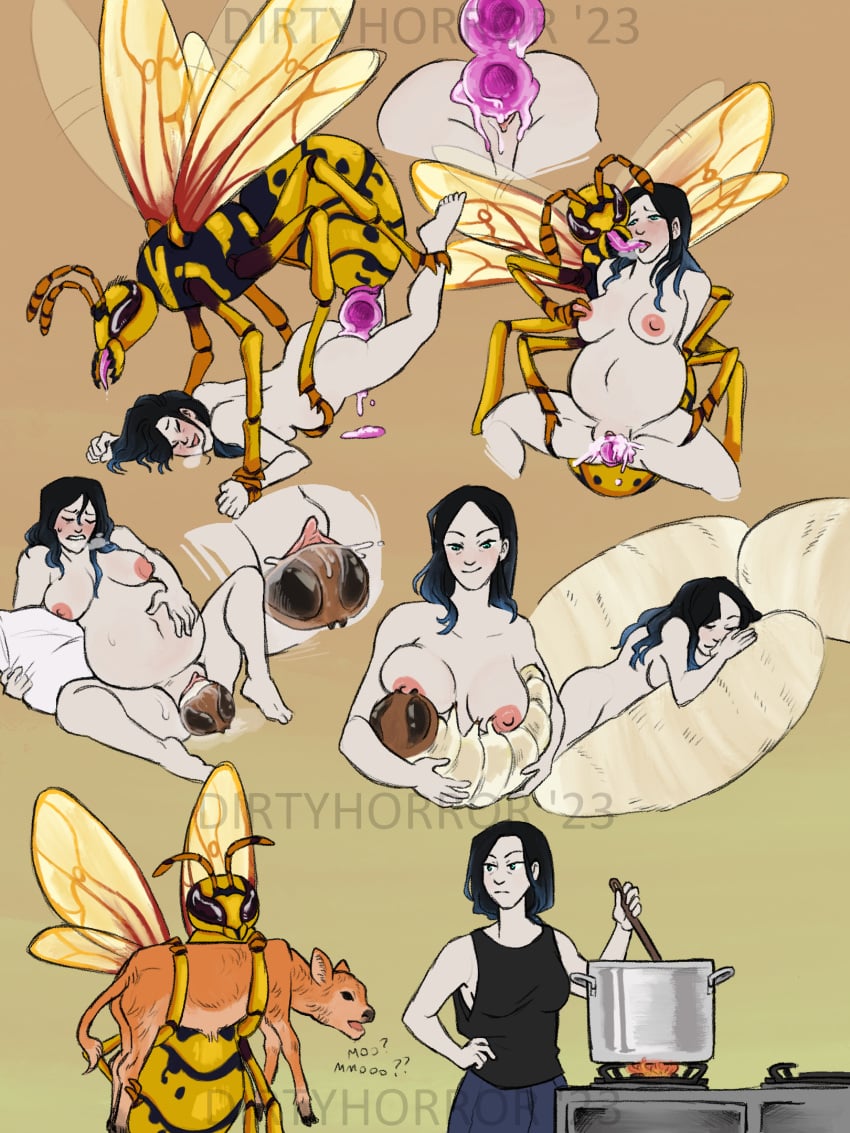 4_wings anthro appliance arthropod baby big_belly birth black_chitin black_hair bovid bovine breastfeeding breasts cattle clothing cooking dirtyhorror duo egg egg_implantation female female/female fire from_behind_position genitals grub_(insect) hi_res human human_mother_baby_monster hymenopteran insectophilia insects interspecies larva mammal multi_wing nipple_fetish nipple_play nipples oviposition pale_skin penetration pillow pregnant pussy sex simple_background stove translucent translucent_wings vaginal_egg_implantation vaginal_penetration wasp wings yellow_chitin young zoophilia