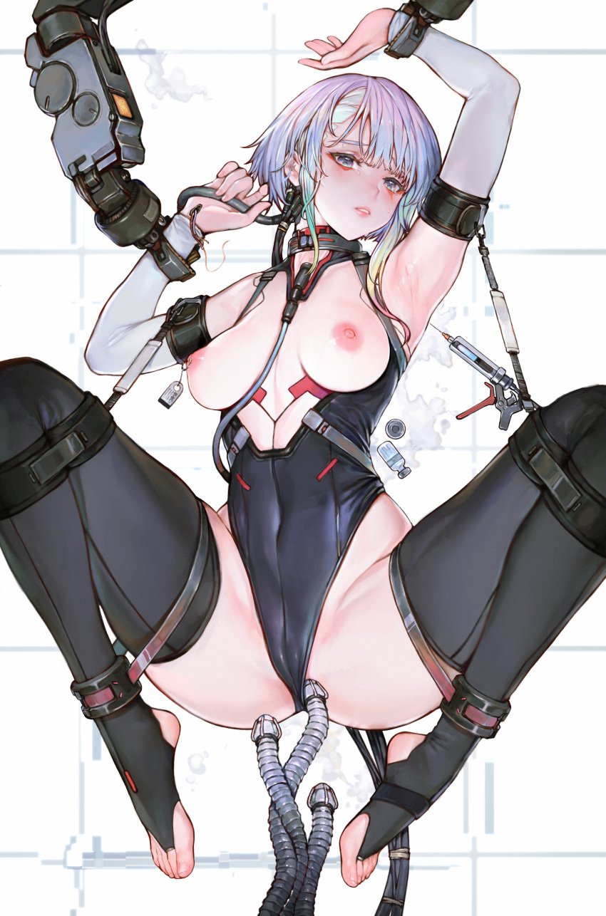 1girls arms_up big_ass big_breasts breasts breasts_out cd_projekt_red cyberpunk:_edgerunners feet female female_only iuui leotard light-skinned_female lucyna_kushinada mechanical_fixation sex_machine spread_legs stirrup_legwear stirrup_socks studio_trigger suspension thick_thighs toes