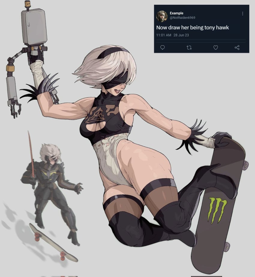 1girls big_ass big_breasts boob_window breasts crossover female goes_hard meme metal_gear metal_gear_rising muscular muscular_female nier:_automata now_draw_her raiden_(metal_gear) skateboard thick_thighs tony_hawk's_pro_skater yoracrab yorha_2b