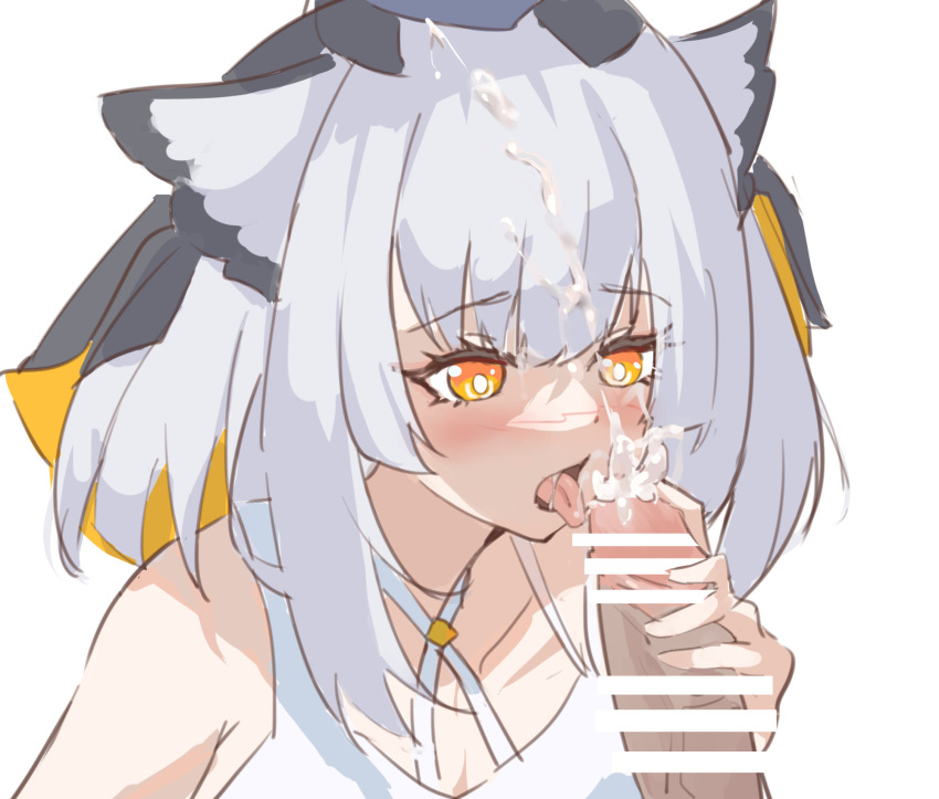 arknights bar_censor censored criss-cross_halter cum cum_on_hair dress ejaculation erection facial female grey_hair halterneck highres lolifreak looking_at_penis medium_hair open_mouth orange_eyes owl_ears penis portrait ptilopsis_(arknights) simple_background solo_focus tongue tongue_out white_background white_dress