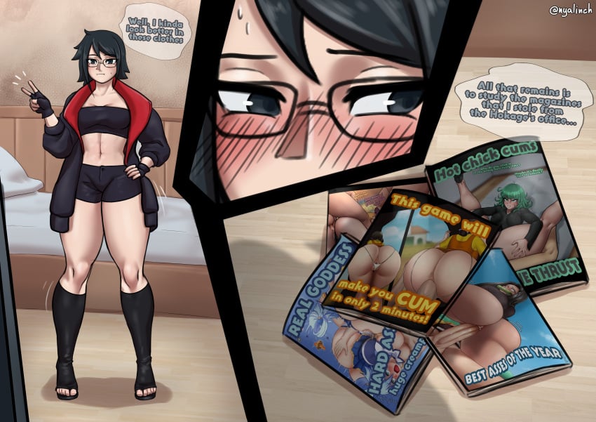 1girls aged_up black_hair blush boruto:_naruto_next_generations boruto:_two_blue_vortex comic embarrassed english_text eyewear female female_only fingerless_gloves full_body glasses gloves jacket magazine megane meowlinch midriff naruto naruto_(series) revealing_clothes sarada_uchiha skimpy skimpy_clothes solo speech_bubble text thick_thighs thighs tubetop voluptuous