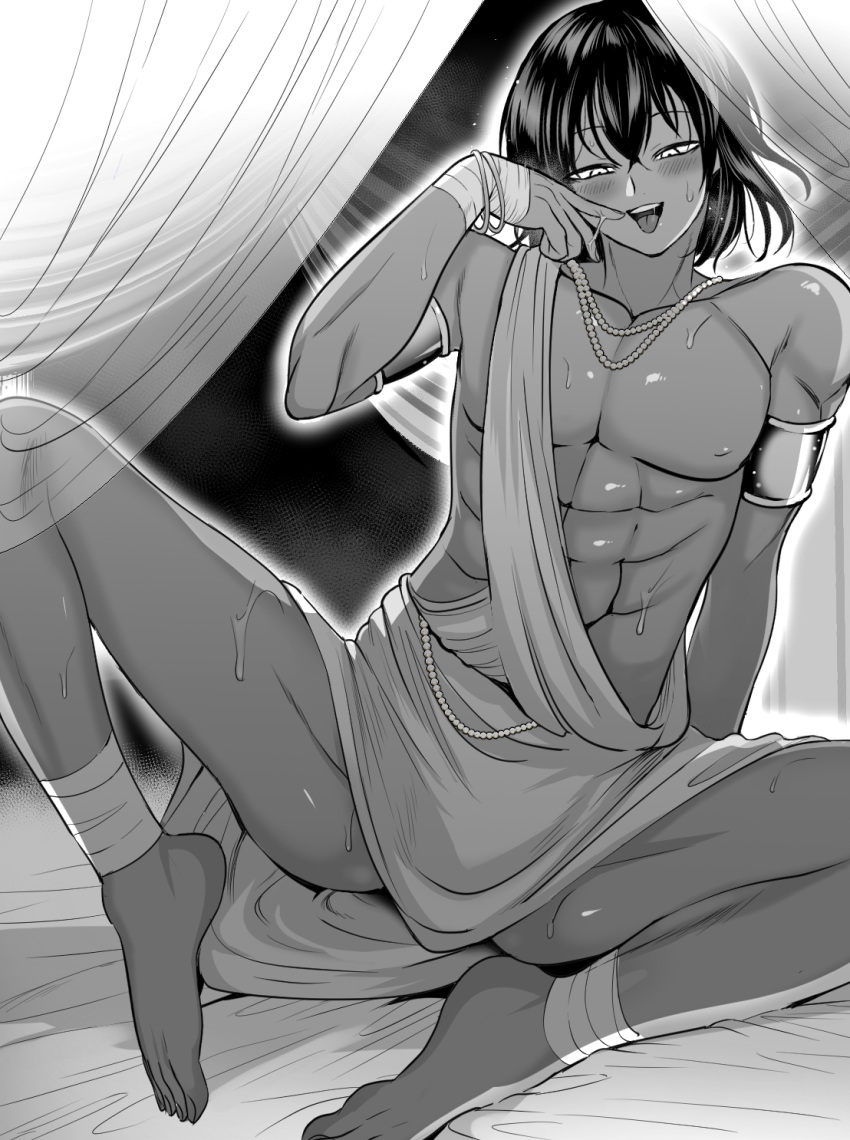 ambush_(trap) armbands armlet armlets barefoot blush feet futsukayoi jewelry kengan_(series) kengan_ashura lots_of_jewelry male male_only monochrome muscular muscular_male necklace rama_xiii smile solo spread_legs sweat toga tongue_out twunk