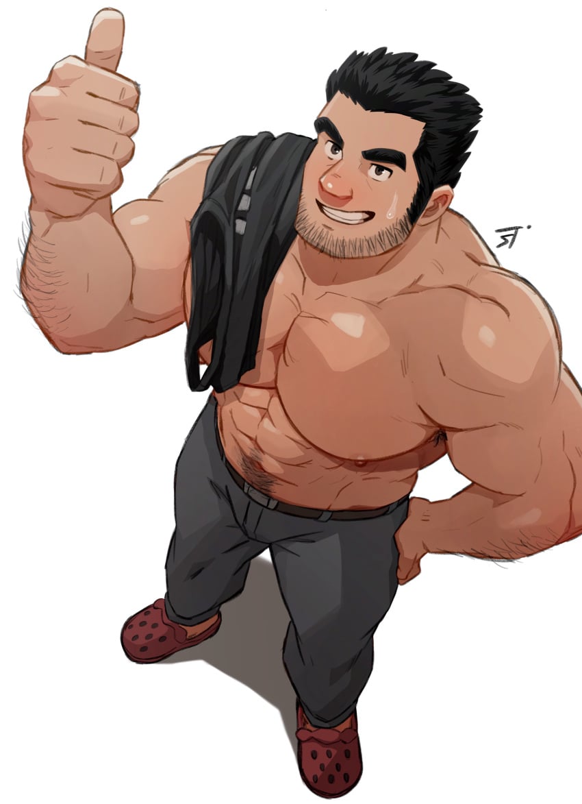 1boy 2023 bara bara_tits barazoku beard_stubble black_hair bulge clothing gay hairy_male jojiart lucas_lee male male_focus male_nipples male_only manly muscular_male nipples no_visible_genitalia scott_pilgrim solo solo_male