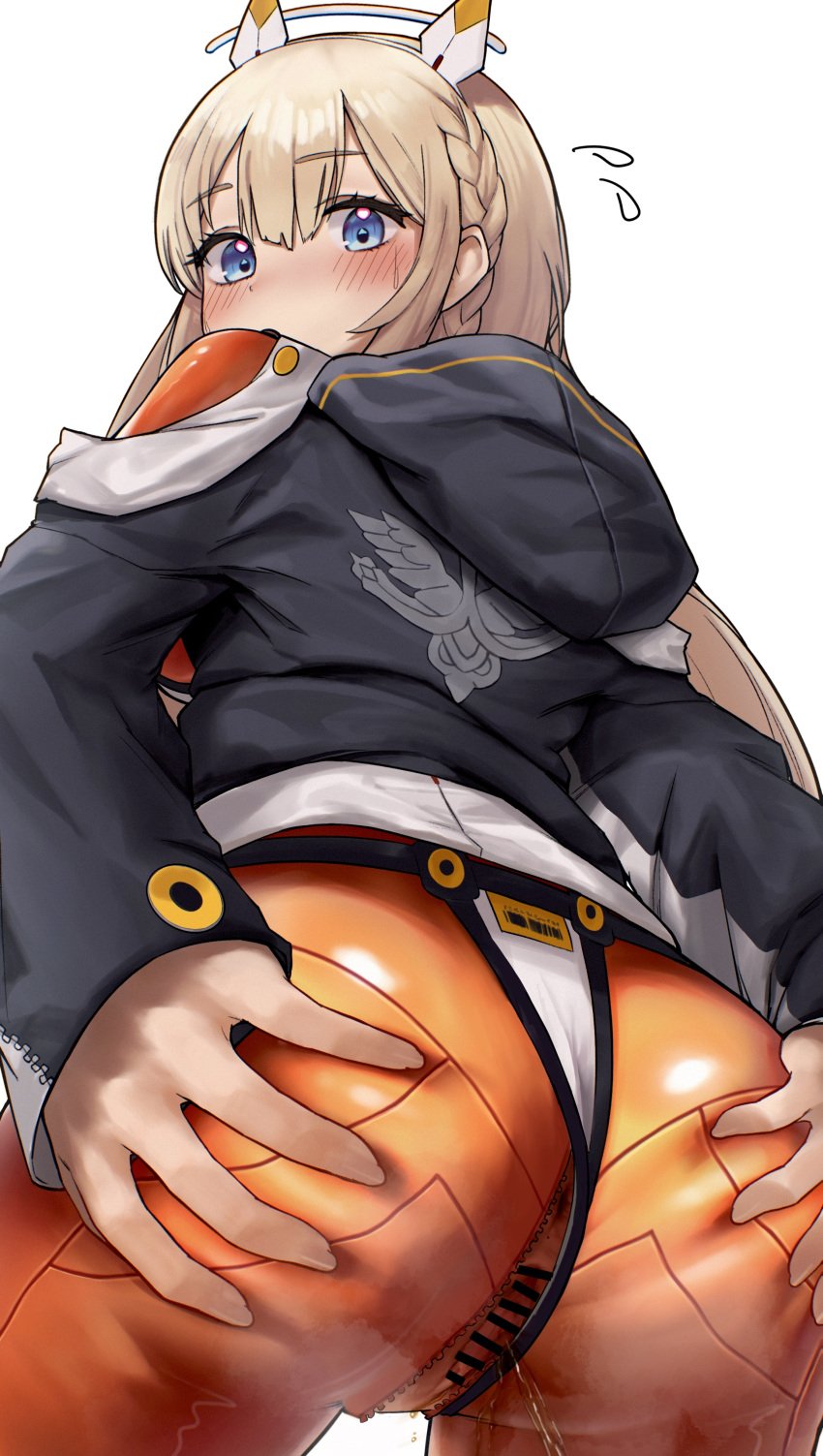 absurdres anus ass ass_grab bar_censor bikini bikini_bottom_only bikini_over_clothes blonde_hair blue_eyes blush bodysuit braid breasts censored clothing_cutout from_behind goddess_of_victory:_nikke grabbing_own_ass grey_jacket hair_between_eyes headgear highres hood hood_down hooded_jacket jacket large_breasts long_hair looking_at_viewer multicolored_clothes multicolored_jacket o_o_k_i_n_a orange_bodysuit partially_unzipped peeing pussy shoulder_cutout sidelocks simple_background skin_tight standing swimsuit tove_(nikke) two-tone_jacket urine white_background white_jacket zipper