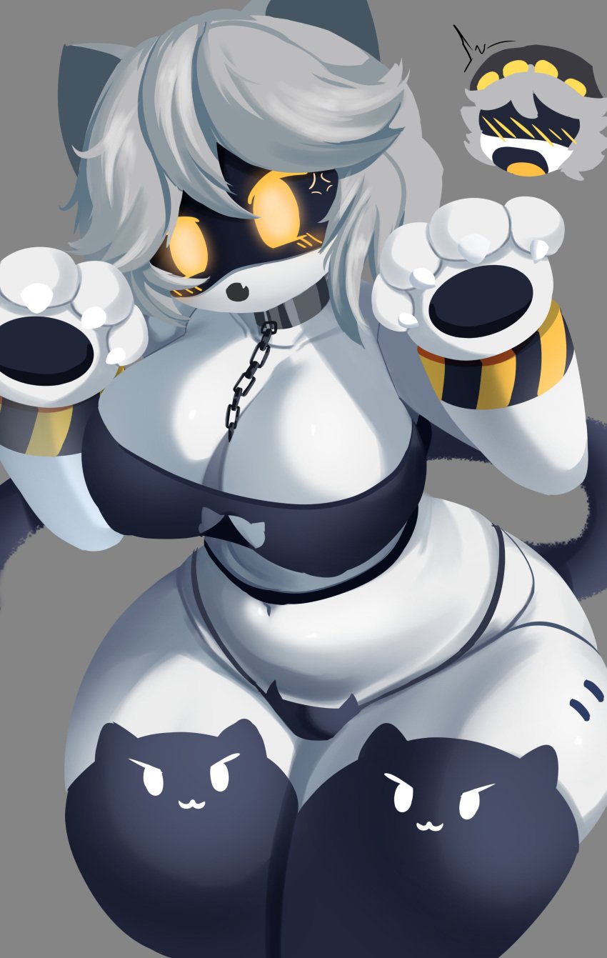 alaki_zezo background_character big_ass big_breasts blush cat_ears catgirl chain_leash chains cleavage collar cosplay gray_body gray_hair leash leash_between_breasts looking_at_viewer murder_drones n_(murder_drones) nipples_visible_through_clothing paw_gloves robot robot_girl robot_humanoid stockings thick_thighs thighhighs v_(murder_drones) visor wide_hips yellow_eyes