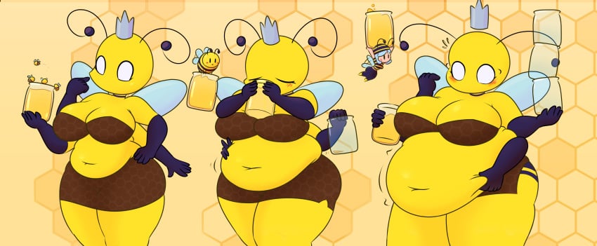 4_arms bee bee_girl belly big_belly drinking eating_honey fat fat_fetish fetish honey insect insect_girl insect_wings multi_arm multi_limb nottitanskull queen_bee queen_bee_(terraria) stomach terraria weight_gain