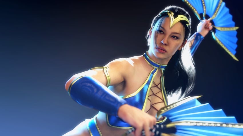 1girls 3d asian_female blank_background clothed_female fan female female_only fully_clothed kitana kitana_(mk9) kitana_(new_era) mortal_kombat mortal_kombat_(2011) mortal_kombat_1_(2023) netherrealm_studios posing solo