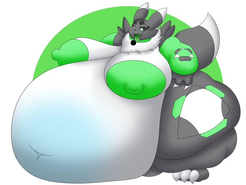 anthro bandai_namco belly big_belly big_breasts breasts crossover digimon digimon_(species) digiwolx_(character) eeveelution female female/female generation_4_pokemon glaceon green_nipples hi_res nintendo nipples overweight pokemon pokemon_(species) renamon solo vlea vlea_(vglaceon) vore weight_gain