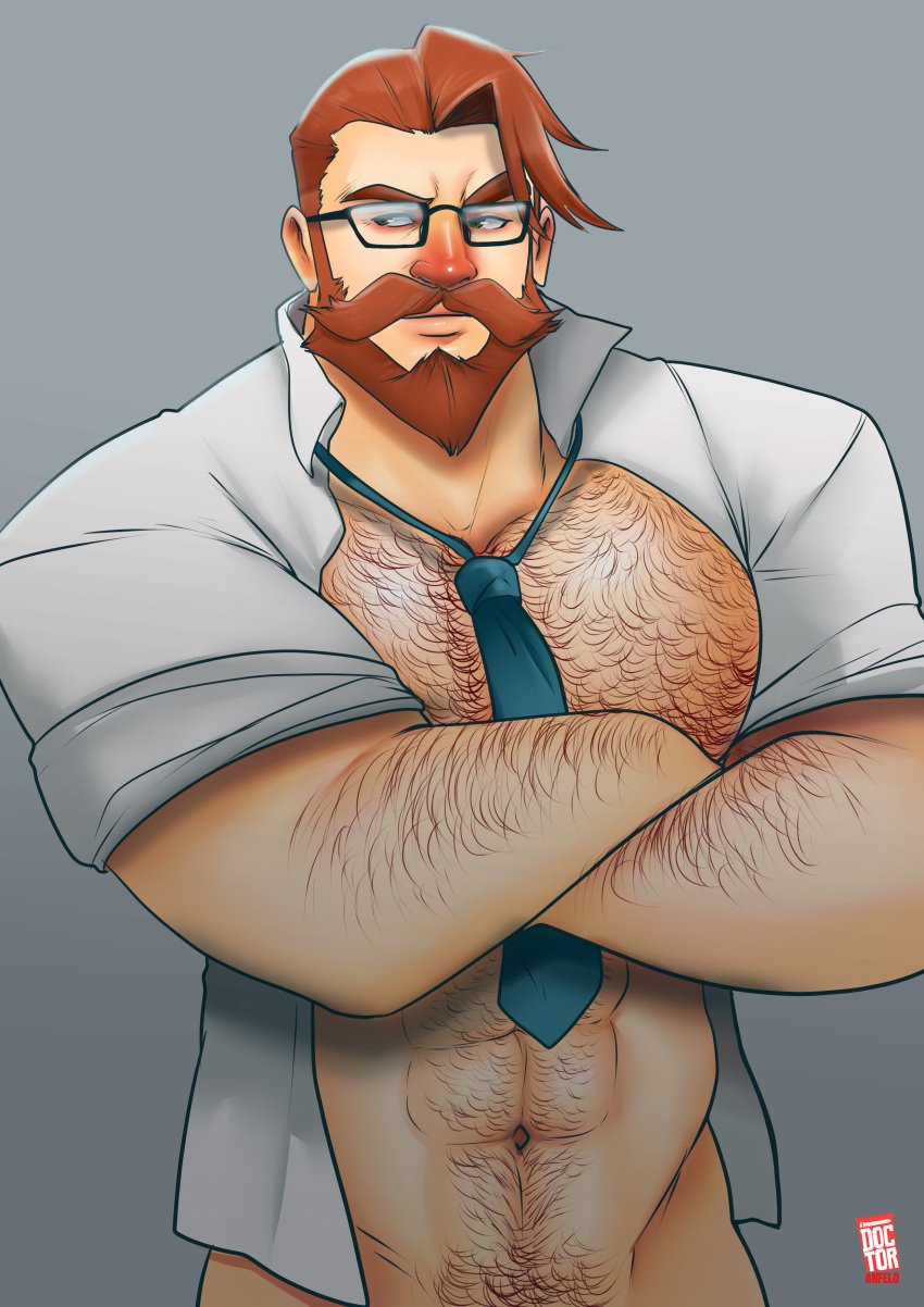 armpits bara battle_academia_series battle_professor_graves big_chest doctor_anfelo genital_outline glasses hairy_armpits hairy_chest happy_trail league_of_legends malcolm_graves male male_only muscular muscular_male no_visible_genitalia open_clothes orange_hair shirt_open teacher unknown_source