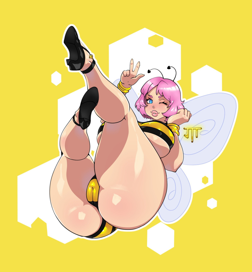 1girls 2023 2d antennae ass bee bee_girl big_ass blue_eyes breasts cameltoe clothing color feet_up female female_only flying footwear hi_res humanoid jtt_artz large_ass large_breasts legs legs_up light-skinned_female light_skin looking_at_viewer medium_hair original original_character pink_hair pussy solo solo_female thick_thighs thighs w wings wink winking_at_viewer yellow_background