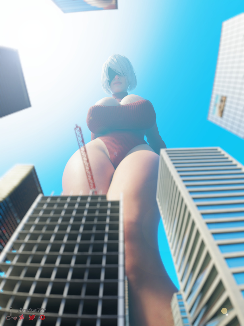 1girls 3d big_breasts blindfold breasts city clothing female female_only giantess jessicagts light-skinned_female light_skin looking_down low-angle_view macro nier nier:_automata short_hair solo standing thick_thighs white_hair yorha_2b