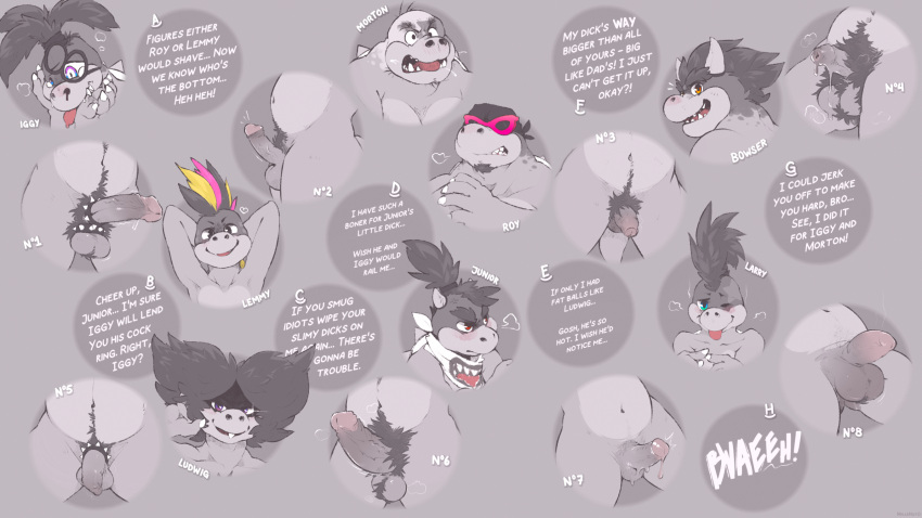 accessory anthro balls big_balls big_penis blush bowser bowser_jr. cock_ring dialogue embarrassed erection eyewear flaccid genitals glasses group hi_res hollo_nut iggy_koopa jewelry koopa koopaling larry_koopa lemmy_koopa ludwig_von_koopa male male_only mario_(series) morton_koopa_jr. nintendo nude penis penis_accessory penis_jewelry pubes riddle roy_koopa scalie small_penis