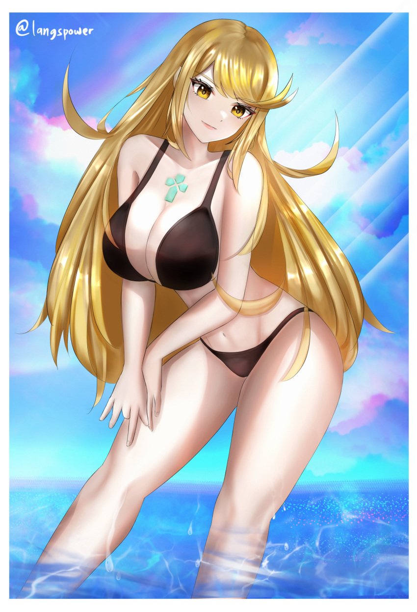 blonde_hair breasts female female_only langspower looking_at_viewer mythra nintendo solo swimsuit xenoblade_(series) xenoblade_chronicles_2