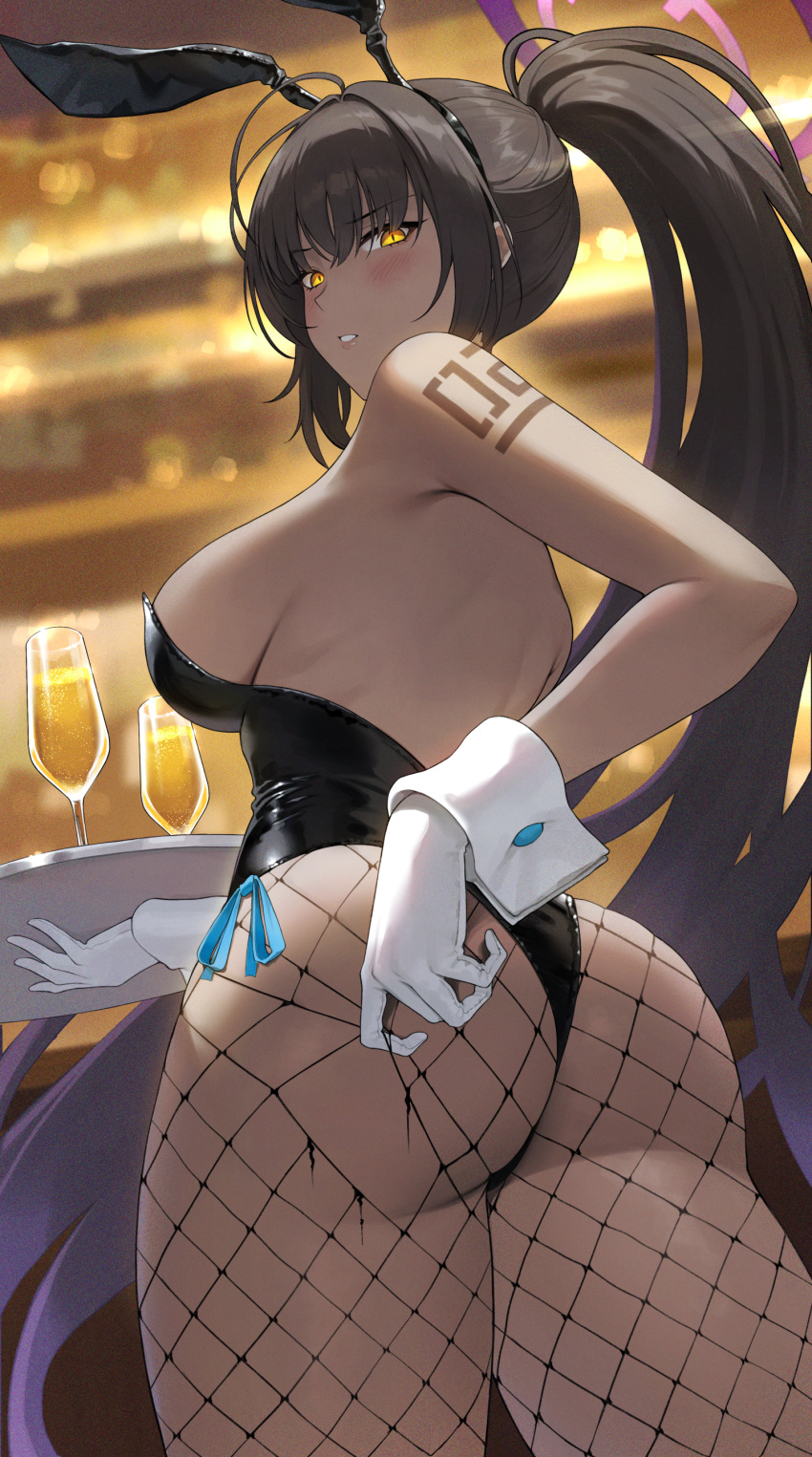 absurdres alcohol animal_ears ass backless_leotard black_hair black_leotard blue_archive blurry blurry_background blush breasts champagne champagne_flute commentary cup dark-skinned_female dark_skin drinking_glass fake_animal_ears female fishnets gloves gradient_hair hair_between_eyes halo highleg highleg_leotard highres holding holding_tray indoors karin_(blue_archive) karin_(bunny)_(blue_archive) large_breasts leotard long_hair looking_at_viewer looking_down multicolored_hair number_tattoo official_alternate_costume parted_lips playboy_bunny ponytail purple_hair purple_halo rabbit_ears reiji-rj shoulder_tattoo side-tie_leotard sidelocks solo strapless strapless_leotard tattoo teeth thong_leotard torn_clothes tray twisted_torso very_long_hair white_gloves white_wrist_cuffs wrist_cuffs yellow_eyes