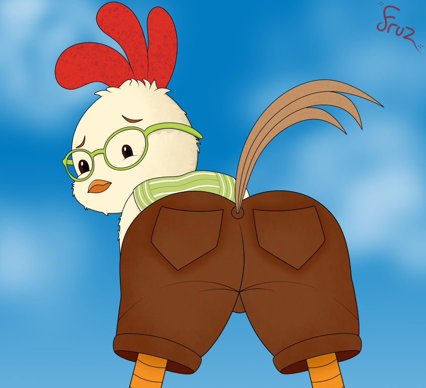 1boy ace_cluck anthro ass black_bead_eyes chicken chicken_little clothed disney fruztal glasses looking_at_viewer looking_back male_only mooning smile