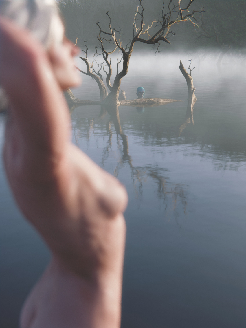 1girls 3d abs bathing cd_projekt_red ciri drowner eyeshadow facial_scar female freckles green_eyes half_updo lake mascara monster nude pale-skinned_female petite river runny_makeup scar seductive_look skinny slim swamp temeria the_witcher_(series) the_witcher_3:_wild_hunt tied_hair white_hair witcherres