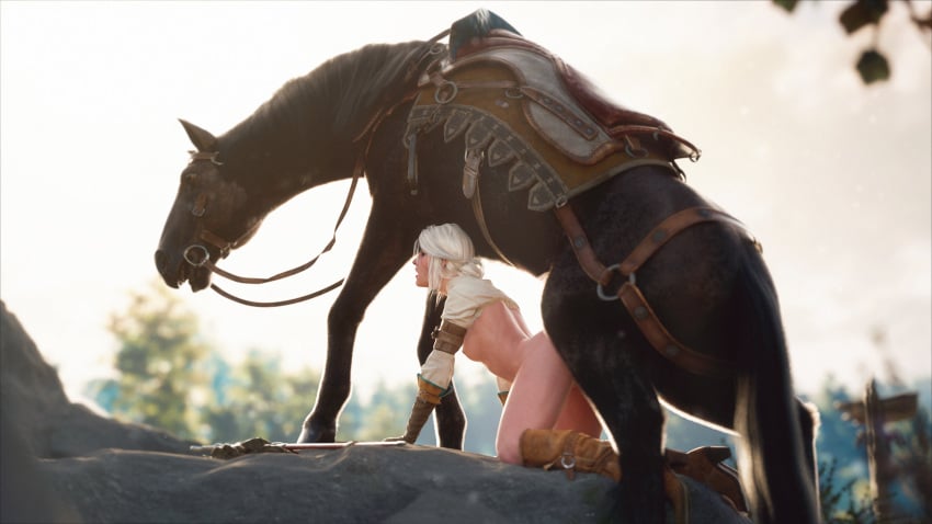 1animal 1girls 1horse 3d black_horse boots ciri female from_behind horse on_fours saddle tagme the_witcher_(series) white_hair witcherres zoophilia