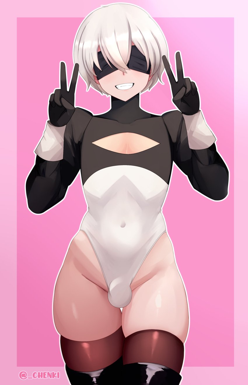 1boy balls balls_under_clothes blindfold bulge chenki crossdressing double_v femboy girly leotard male male_only nier nier:_automata nier_(series) peace_sign penis_under_clothes pink_background short_hair solo stockings testicles thick_thighs thigh_boots trap twink v_sign white_hair yorha_2b_(cosplay) yorha_9s