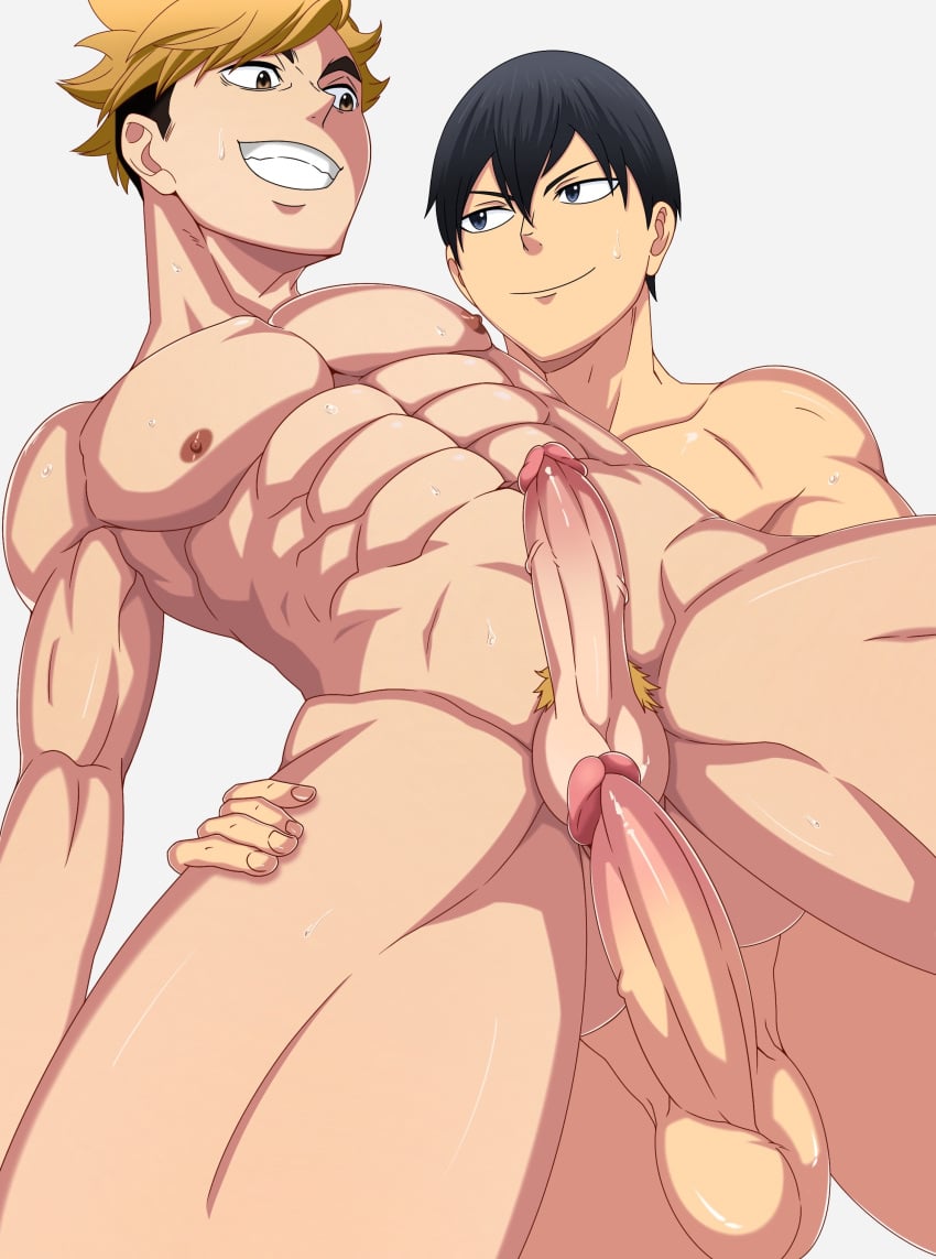 atsumu_miya big_penis eye_contact haikyuu!! hand_on_hip kageyama_tobio muscular penis_between_thighs smiling yaoi