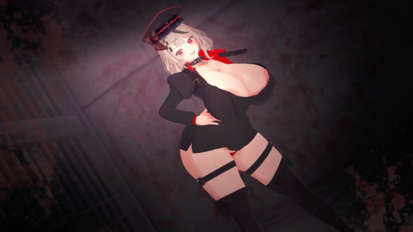 1girls 3d alternate_costume areolae collar curvy gray_hair hololive hololive_japan holox huge_breasts indoors koikatsu micro_panties military_cap military_hat military_uniform miniskirt multicolored_hair sakamata_chloe shortstack thick_thighs thighhighs uniform virtual_youtuber vtuber wide_hips