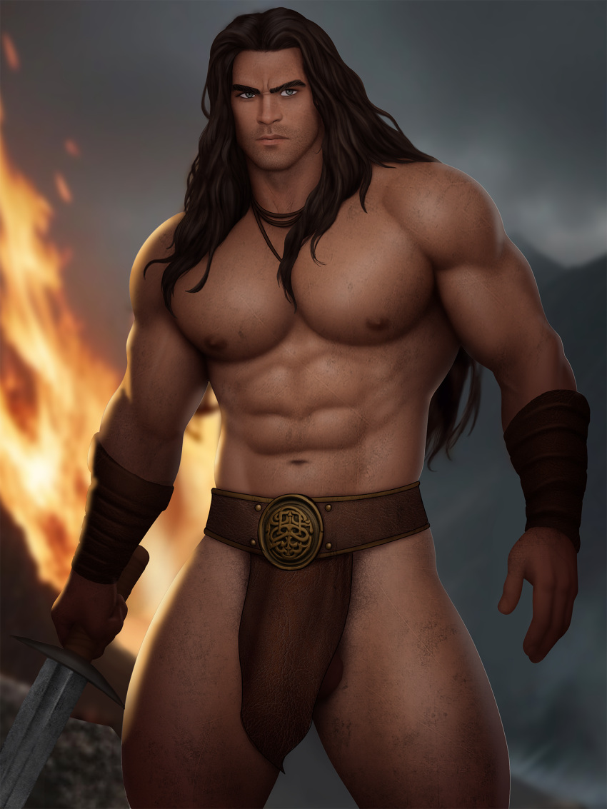 1boy abs biceps big_bulge big_penis bulge caucasian caucasian_male conan_exiles conan_the_barbarian conan_the_barbarian_(series) drawnpr0n hairy huge_bulge huge_penis loincloth long_hair male male_only muscles muscular muscular_male outdoors outside pecs shirtless solo solo_male sword testicle_peek thick_thighs