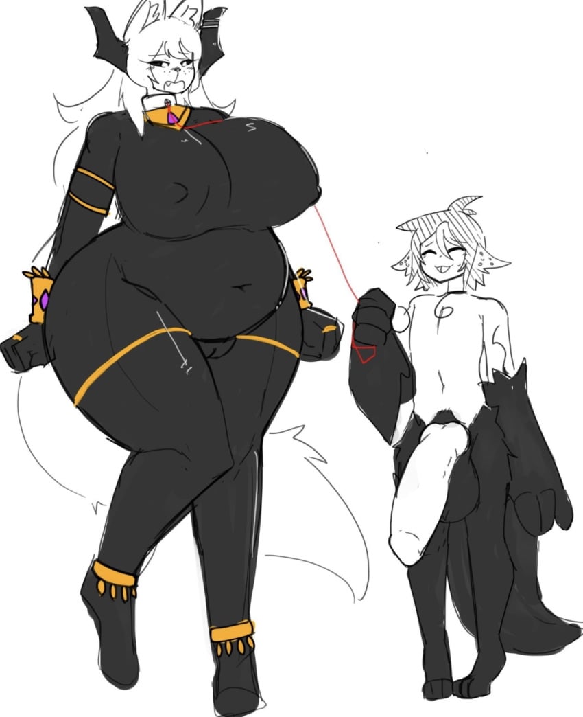 ^w^ axolotl axolotl_humanoid bat bat_wings big_balls big_breasts big_penis big_thighs clothed collar femboy femboy_on_female femboydom larger_female latex leash leash_and_collar leash_pull leashed_collar settledowncowboy size_difference skin_tight small_but_hung small_dom_big_sub smaller_male smaller_male_larger_female tagme venus_body visible_nipples visible_pussy