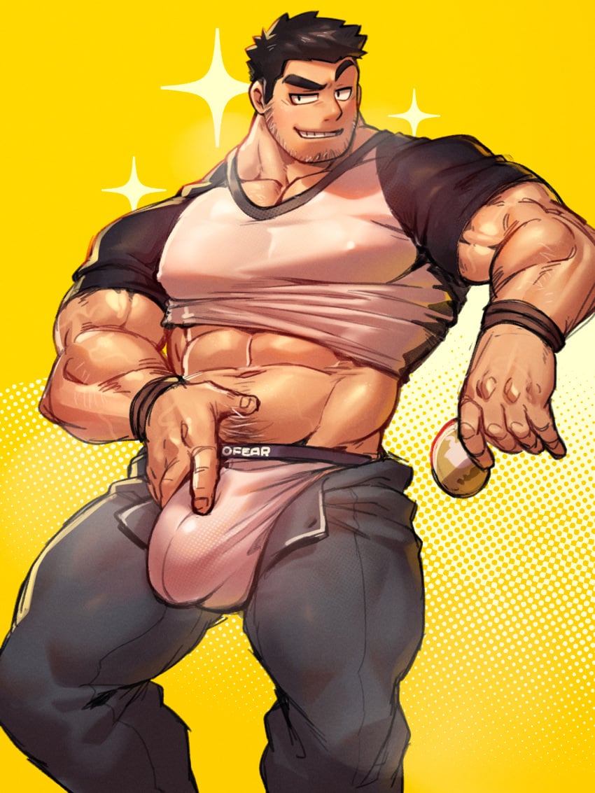 1boy bara black_hair bulge gay human lucas_lee male male_only muscle muscles muscular muscular_male scott_pilgrim solo solo_male tight_clothing vorusuarts