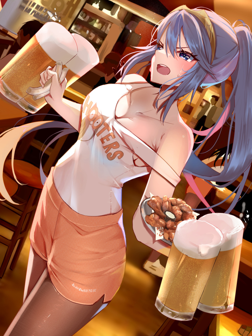 1girls alcohol alternate_costume alternate_hairstyle beer beer_mug blue_eyes blue_hair breasts chicken_(food) cleavage commission cup female female female_focus fire_emblem fire_emblem_awakening foam food high_ponytail highres holding holding_cup hooters indoors long_hair lucina_(fire_emblem) medium_breasts momdy_(talesshinja) mug nintendo off_shoulder open_mouth orange_shorts pantyhose people plate ponytail restaurant shirt_tucked_in short_shorts shorts skeb_commission solo_focus strap_slip sweat tank_top tiara v-shaped_eyebrows very_long_hair waitress white_tank_top