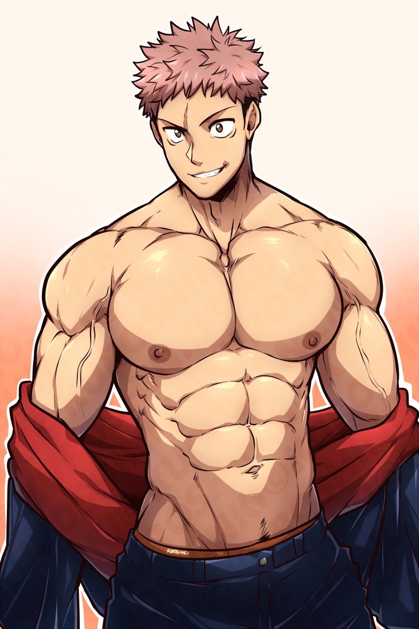 abs getting_undressed hairless itadori_yuuji jujutsu_kaisen kuroshinki looking_at_viewer muscles muscular muscular_male pecs pectoral_bulge pectorals smile smiling smiling_at_viewer taking_clothes_off thick_pecs v-line vein veins veiny_arms veiny_muscles yaoi