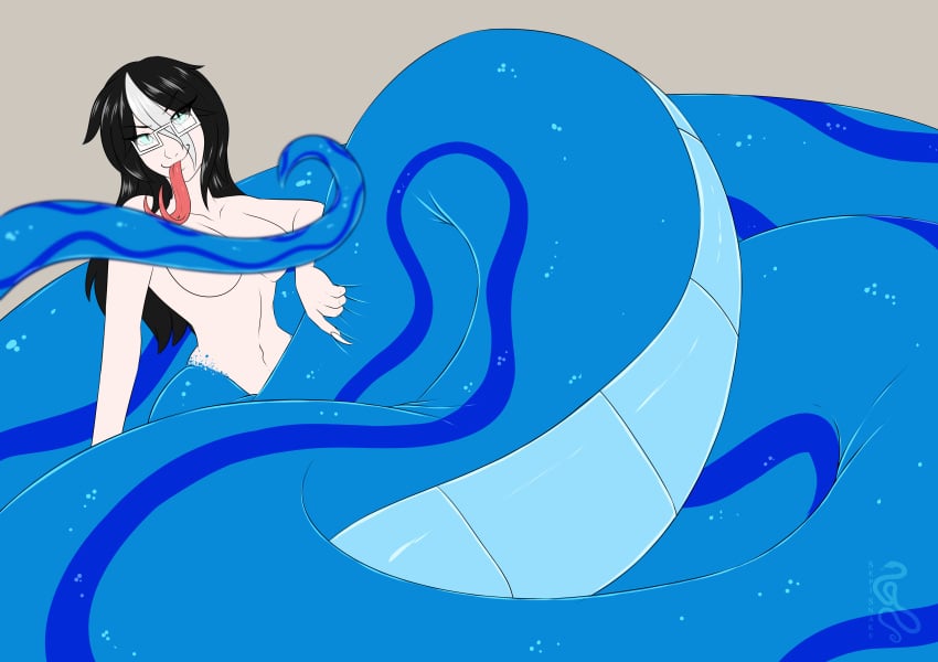 black_hair breasts casopiera_brisevent coils glasses lamia long_tongue naked navel sepisnake snake snake_eyes snake_girl snake_tongue solo teasing_viewer