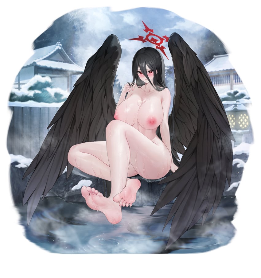 1girls barefoot black_wings blue_archive completely_nude completely_nude_female feet female female_only full_body hasumi_(blue_archive) heart-shaped_pupils hot_spring huge_breasts justice_task_force_(blue_archive) lichiko naked naked_female nude nude_female onsen sitting snow soles solo solo_female steam toes trinity_general_school_student water wings winter