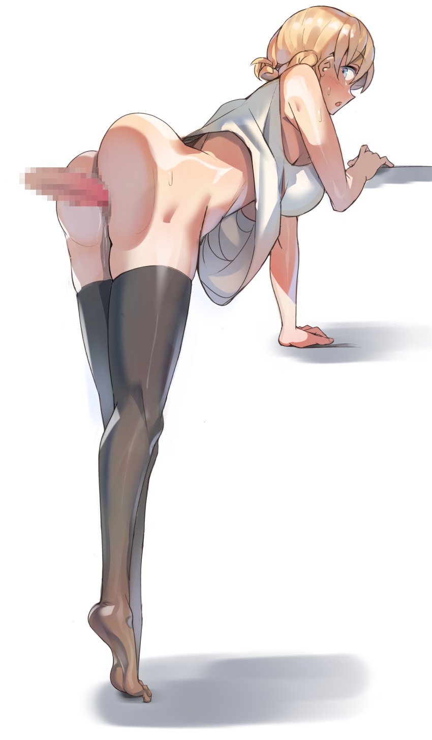 1boy ass ayakumo back blonde_hair blue_eyes blush braid censored clothed_sex darjeeling disembodied_penis female from_behind girls_und_panzer large_breasts open_mouth penis sex sex_from_behind solo_focus sweat thighhighs