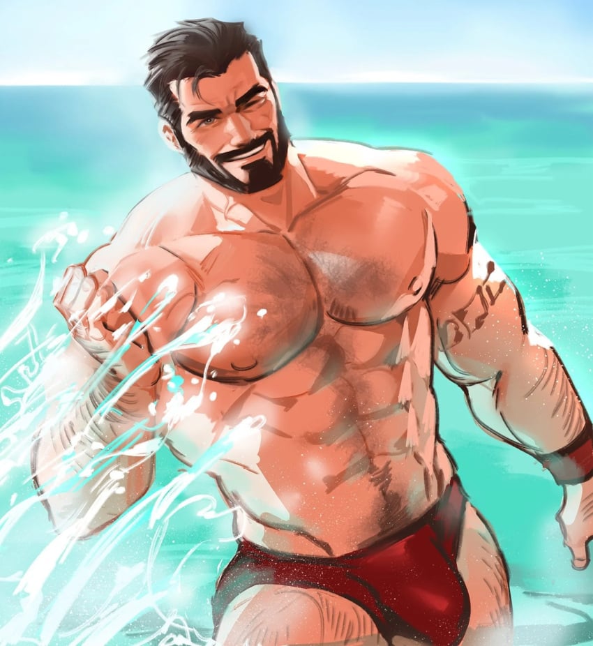 1boy abs bara bard beach biceps body_hair brown_beard chest_hair completely_nude dopey dopq happy_trail league_of_legends malcolm_graves male male_only manly muscular muscular_male older_male partially_clothed pecs smiling solo_male splash swimming_trunks swimsuit swimwear tattoo water winking yy6242