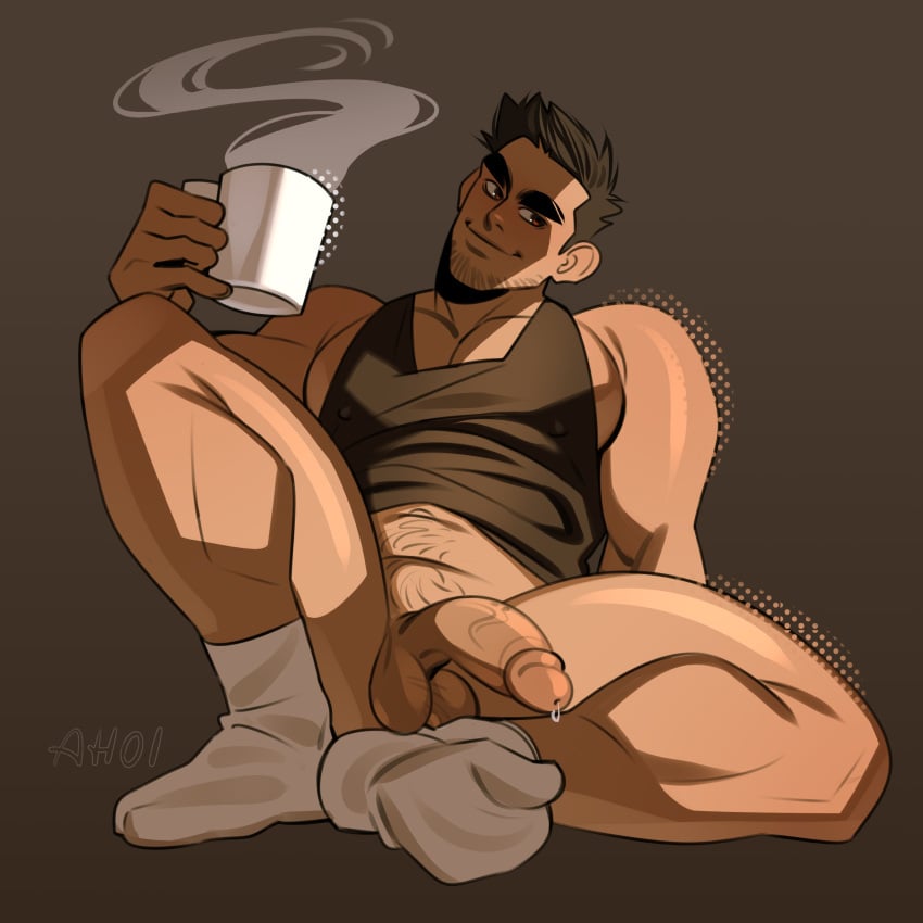 1boy absurdres ahoi_ag bara beard_stubble black_hair black_tank_top bottomless coffee coffee_mug cup full_body half-erect head_tilt highres huge_eyebrows knee_up large_pectorals looking_at_viewer lucas_lee male_focus male_only mug muscular muscular_male pectoral_cleavage pectorals penis pubic_hair scott_pilgrim scott_pilgrim_takes_off short_hair sidepec sitting smile socks solo sparse_navel_hair sparse_pubic_hair spread_legs steam tank_top thighs uncensored