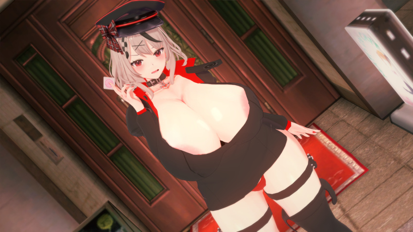 1girls 3d alternate_costume angry angry_expression angry_face areolae collar condom curvy gray_hair holding_condom hololive hololive_japan holox huge_breasts indoors koikatsu looking_at_viewer micro_panties military_cap military_hat military_uniform miniskirt multicolored_hair pov sakamata_chloe scolding shortstack thick_thighs thighhighs uniform virtual_youtuber vtuber wide_hips