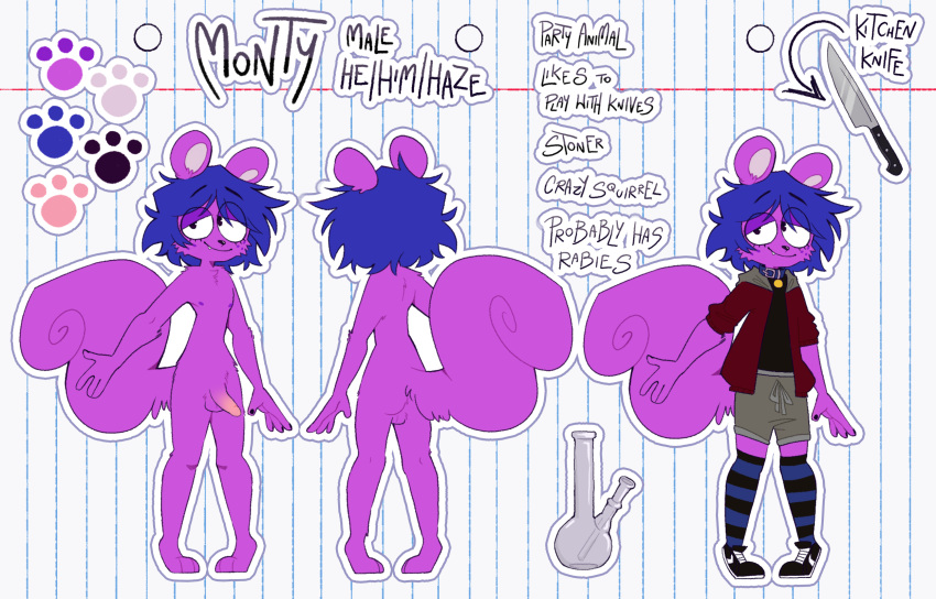 anthro ass balls blue_hair clothed clothing english_text erection footwear fur genitals hair hi_res hornigabl legwear male male/male mammal montyfox nipples nude penis purple_body purple_fur rodent sciurid shoes simple_background sneakers solo squirrel_tail stockings tail text toony tree_squirrel white_background