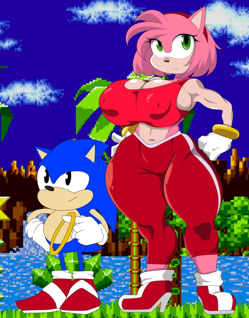 amy_rose big_ass big_breasts boob_window chipscolors classic_sonic clothed color color_edit female harkonner huge_breasts larger_female nipples_visible_through_clothing sideboob smaller_male sonic_(series) sonic_cd sonic_the_hedgehog sports_bra sportswear