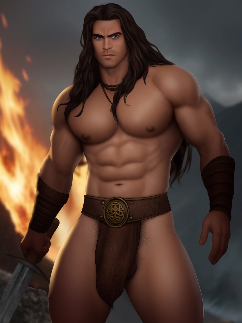 1boy abs bara beefy biceps big_bulge big_penis blue_eyes brown_hair bulge caucasian caucasian_male conan_exiles conan_the_barbarian conan_the_barbarian_(series) drawnpr0n huge_bulge huge_penis human loincloth long_hair_male male male_nipples male_only male_pubic_hair manly muscles muscular_male no_visible_genitalia outdoors outside pecs penis_bulge smooth smooth_skinned_male solo sword thick_thighs